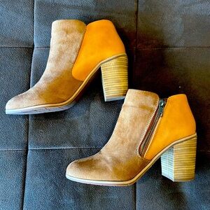 Faux suede camel zip bootie
